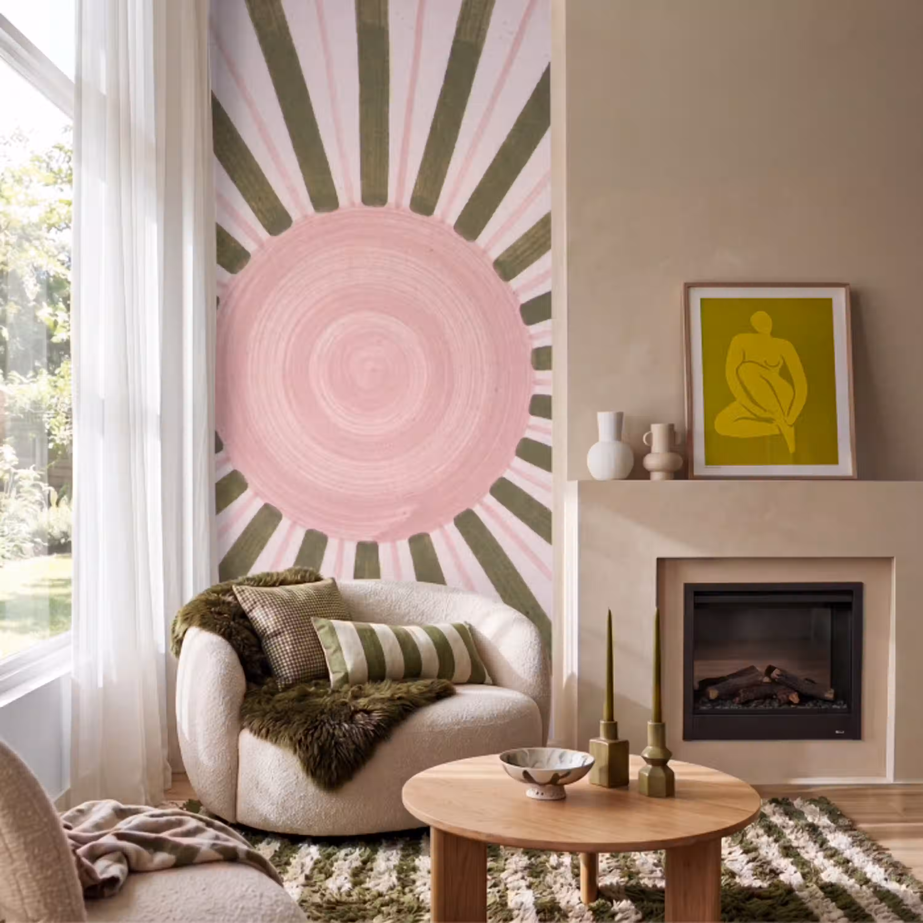 Patroon - Cirkel - Stralen - Abstract - Roze Behang Vlies klein -sfeer2