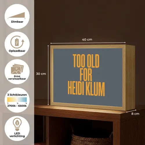 Too old for heidi klum - Geel - Blauw Light Box met batterij (Wandlamp) middel -USP_websiteoverzichtNL