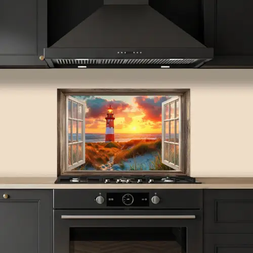 Doorkijk - Raam - Vuurtoren - Zonsondergang - Strand keuken achterwand spatscherm klein -sfeer1