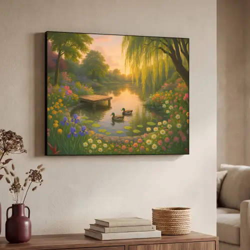Eenden - Vijver - Bloemen Textielframe zwart klein -sfeer3