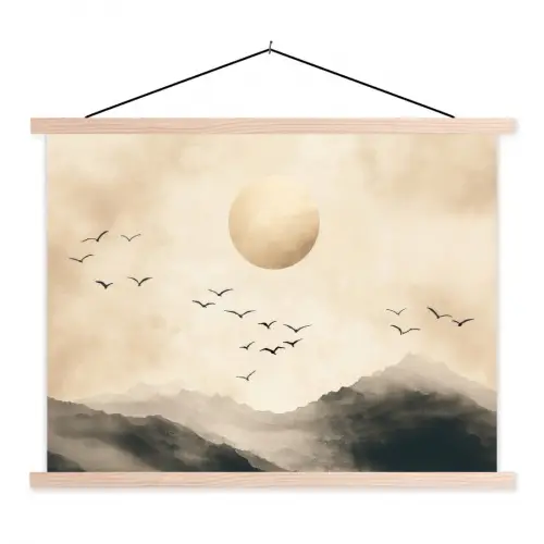 Landschap - Japandi - vogel textielposter latten blank klein -3d