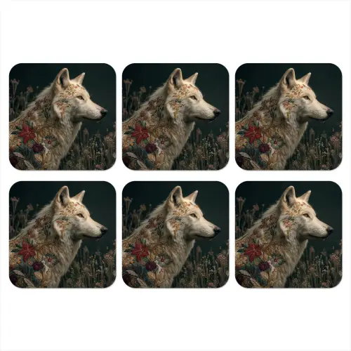 Wolf - Bloemen - Natuur onderzetter kurk middel -3d