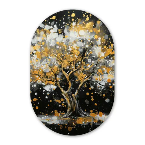 Boom - Zwart - Goud - Wit - Modern Wandcirkel Ovaal Forex klein -3d