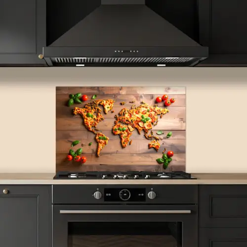 Wereldkaart - Pizza - Houten ondergrond keuken achterwand spatscherm klein -sfeer1
