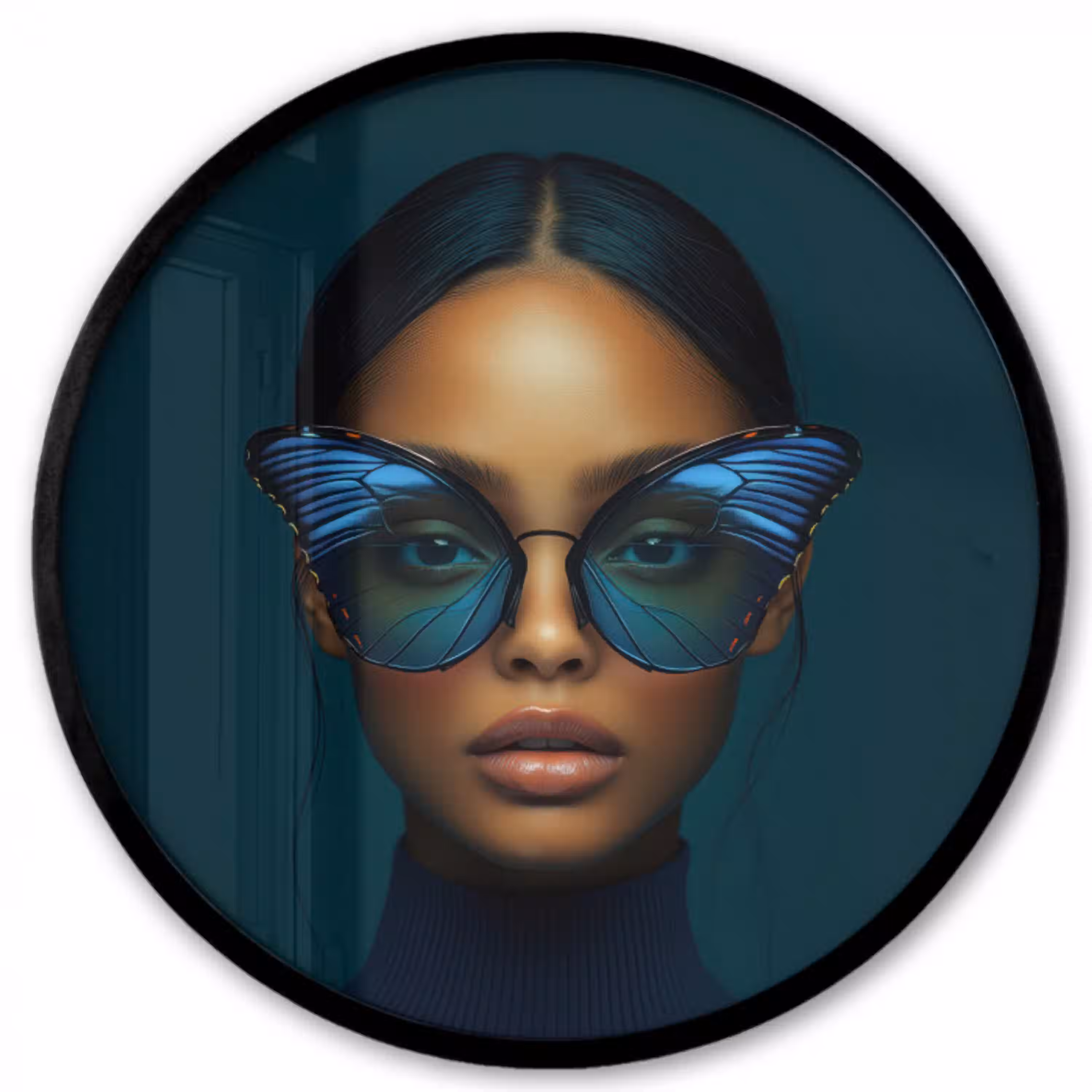 Vrouw - Vlinder - Bril - Blauw - Modern - Portret Fotolijst rond zonder passe partout klein -3d