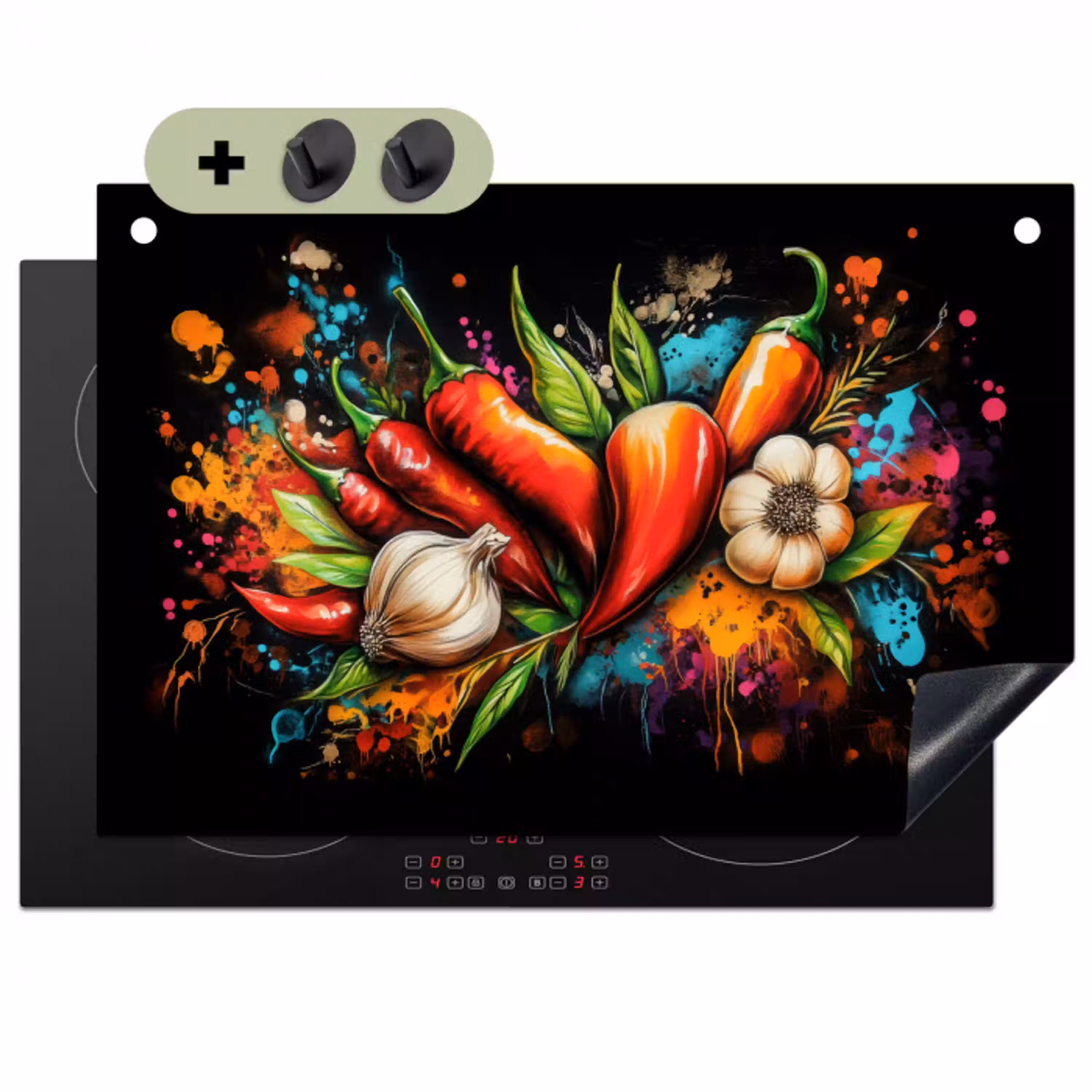 Groente - Peper - Knoflook - Graffiti - Verf - Kleurrijk Inductie beschemer met haakjes klein -3d