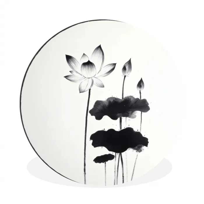 Bladeren - Zwart - Lotusbloem - Minimalitisch Wandcirkel aluminium klein -3d