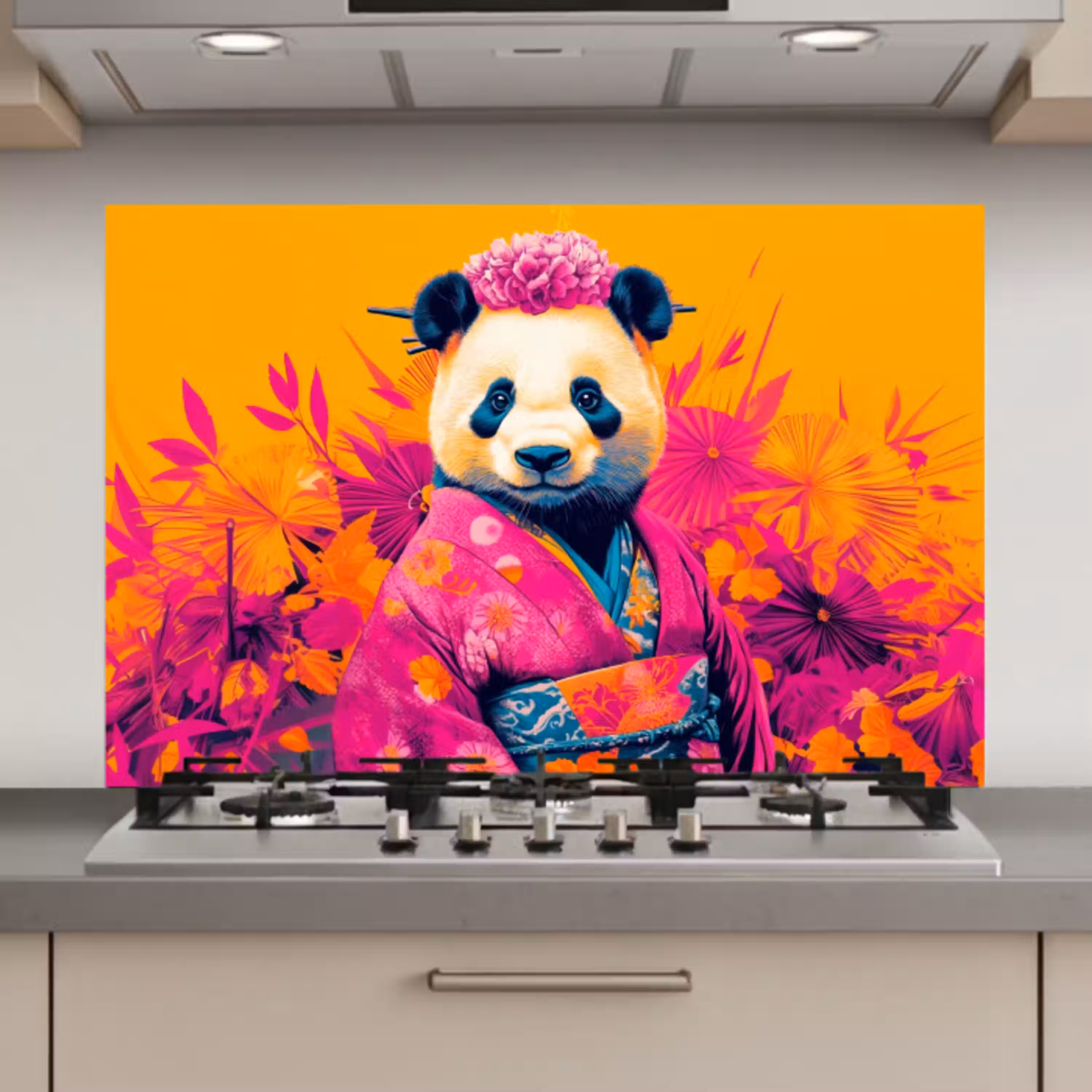 Kimono - Roze - Panda - Bloemenkroon keuken achterwand spatscherm klein -3d_website