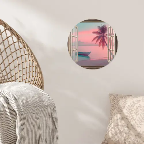 Doorkijk - Strand - Palmboom - Tropisch Wandcirkel behangsticker klein -sfeer4