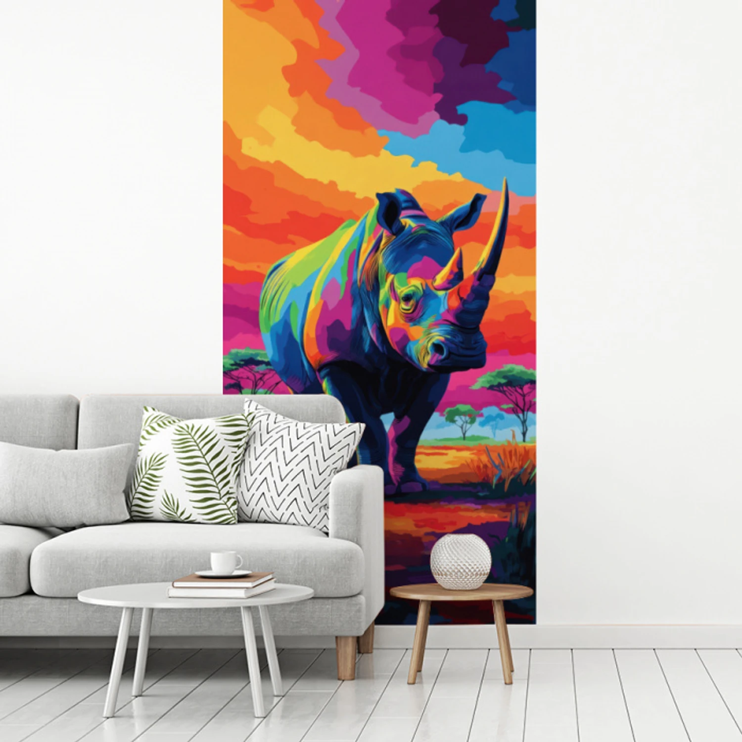 Neushoorn - Zonsondergang - Savanna - Kleurrijk fotobehang vinyl groot -woonkamer