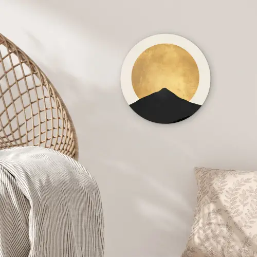 Bergsilhouetten - Gouden cirkel - Beige Wandcirkel kunststof plaat 5mm dik klein -sfeer5