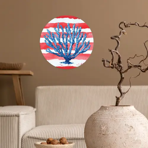 Koraal - Verfstructuur - Rood - Blauw Wandcirkel behangsticker klein -sfeer1