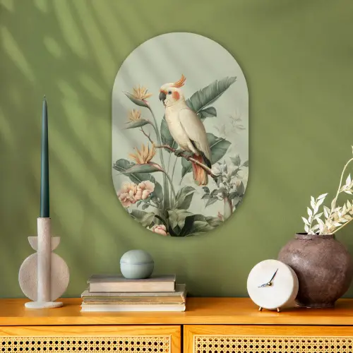 Gele kuifkaketoe - paradijsvogelbloemen - Groen Wandcirkel Ovaal Forex klein -sfeer2