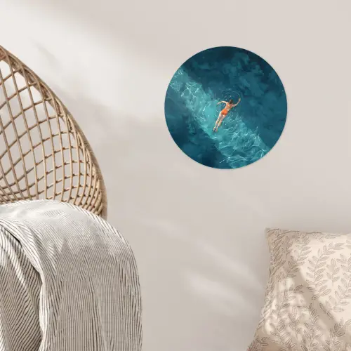 Vrouw - Water - Bikini - Oranje Wandcirkel behangsticker klein -sfeer4