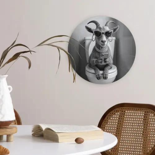 Geit - Telefoon - Toilet - Zwart - Wit Wandcirkel kunststof plaat 5mm dik klein -sfeer4