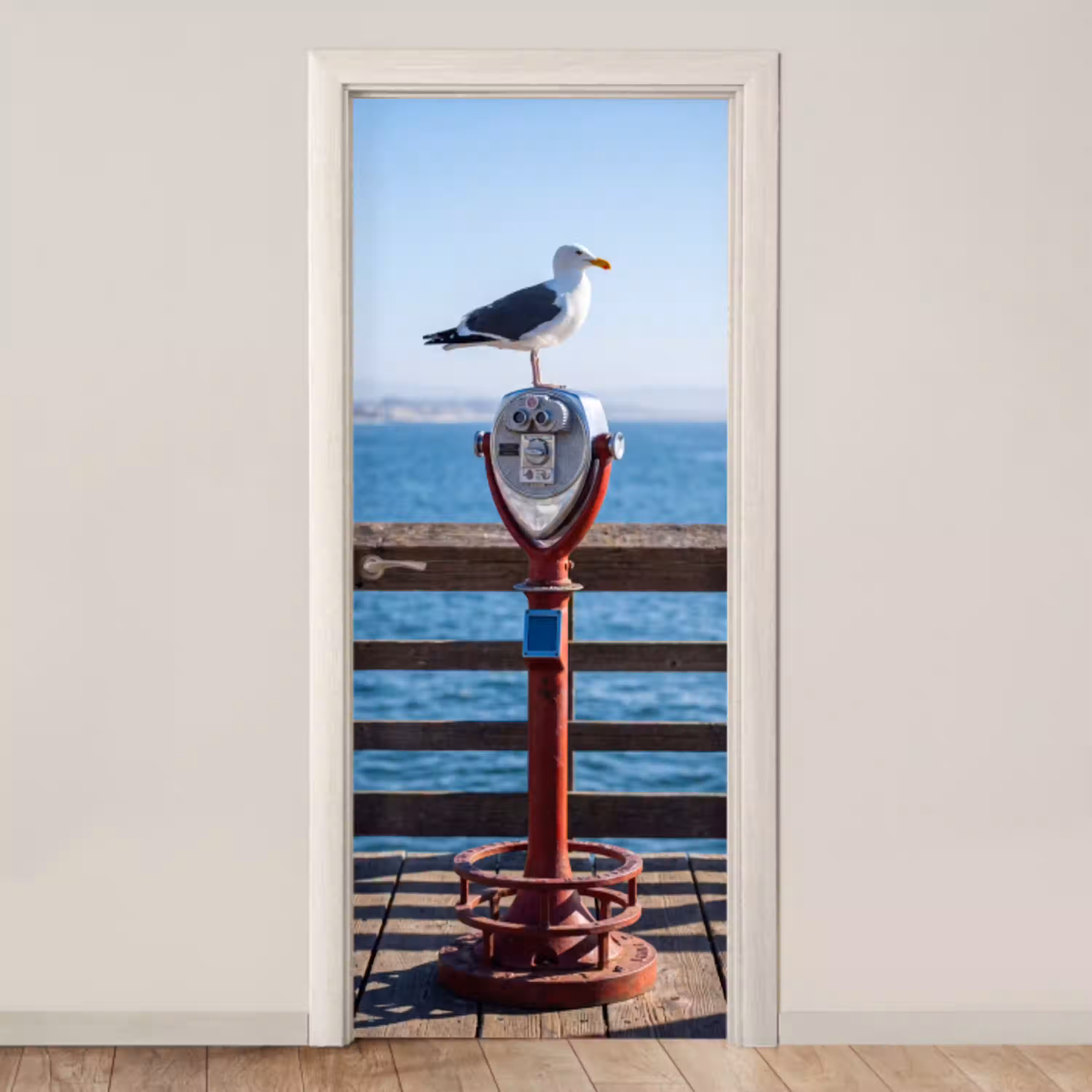 Vogel - Verrekijker - Kust - Zee - Blauw deurposter klein -3d_beige
