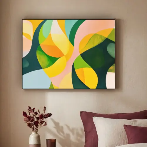 Abstract - Geel - Roze - Groen Textielframe zwart klein -sfeer1
