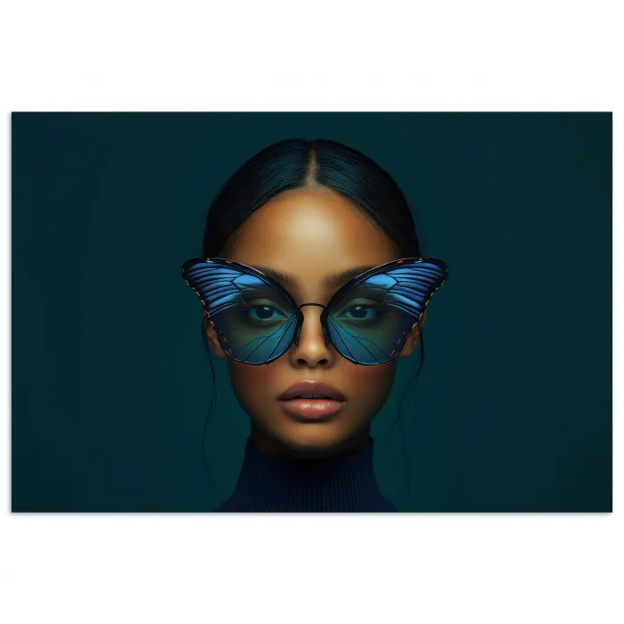 Vrouw - Vlinder - Bril - Blauw - Modern - Portret poster papier klein -3d