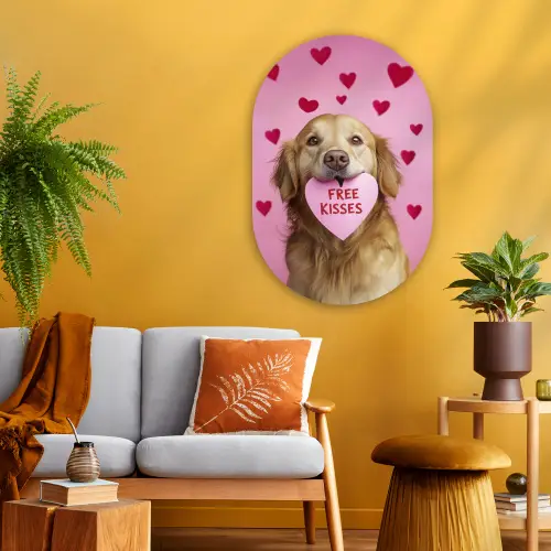 Hond - Kiss- Valentijn - Hartjes Wandcirkel Ovaal Glas middel -sfeer4