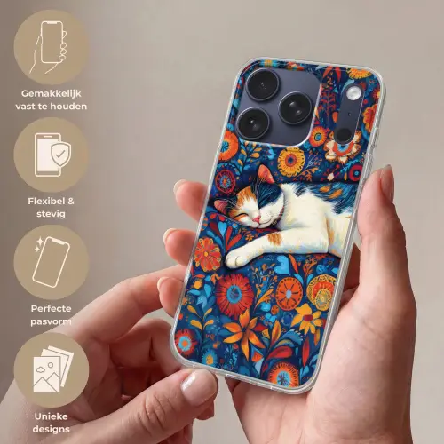 Kat - Bloemenpatroon - Blauw - Oranje Telefoonhoesje iPhone 17 Pro klein -sfeer3_NL