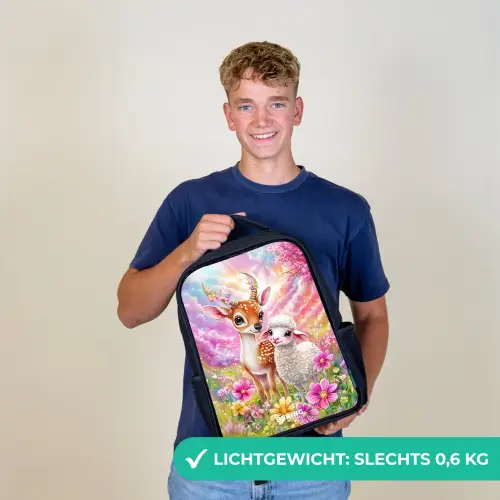 Hertje met een lammetje in pastelbloemenveld Rugzak - Zwart middel -sfeer7_NL