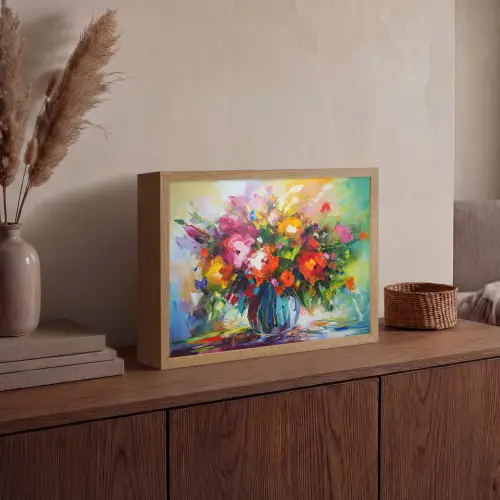 Bloemen - Kleurrijk - Bloempot - Olieverf Light Box met batterij (Wandlamp) middel -sfeer2