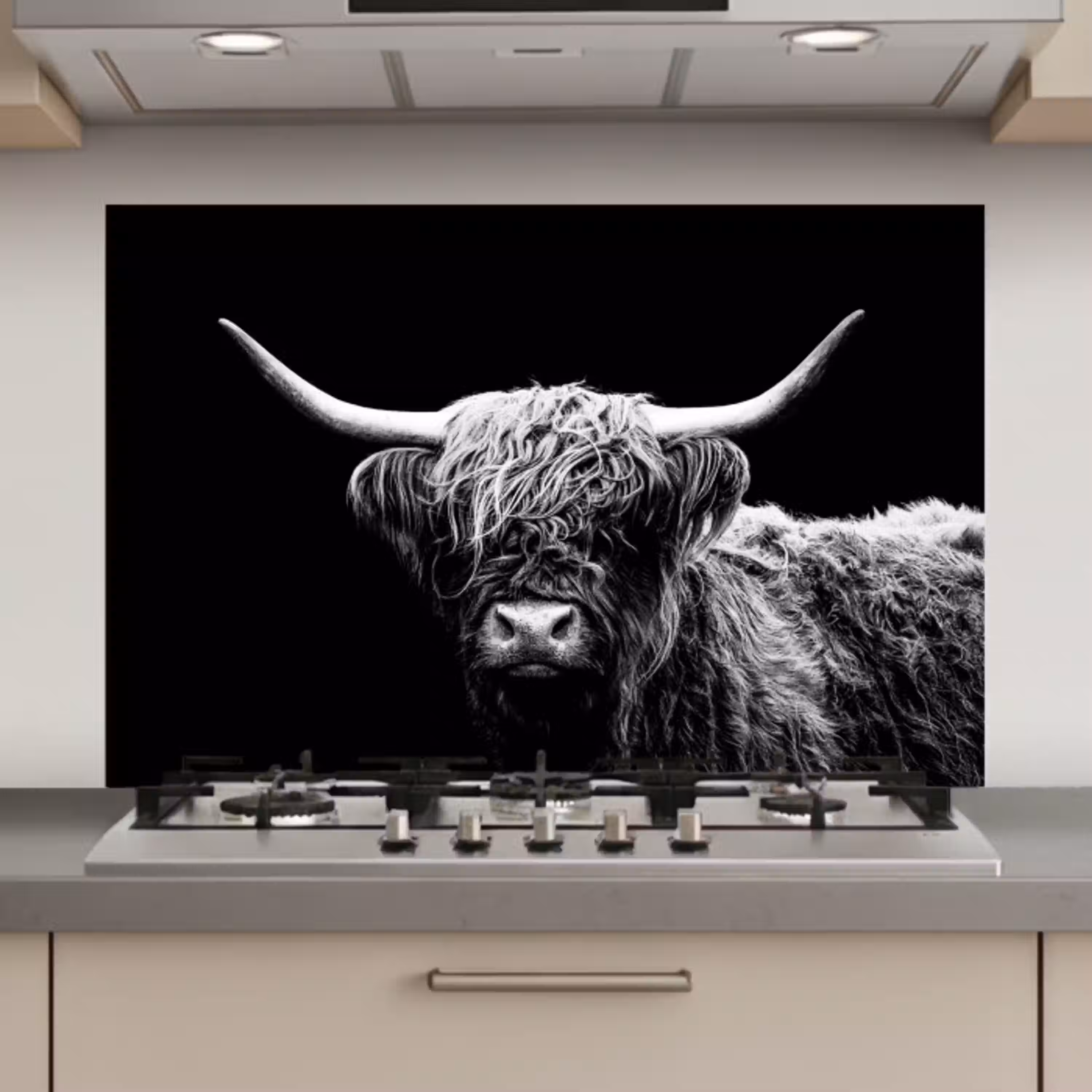 Schotse Hooglander - Koe - Zwart - Wit - Dieren keuken achterwand spatscherm klein -3d_website