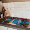 Deur - Hout - Bloemen - Blauw Inductie beschermer vinyl 3mm klein -sfeer3