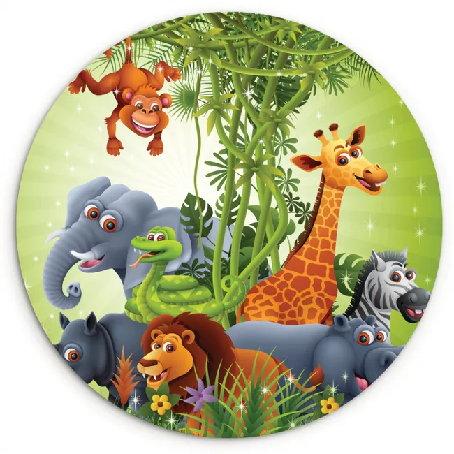 Jungle dieren - Planten - Kinderen - Olifant - Giraf - Leeuw Wandcirkel kunststof plaat 5mm dik klein -3d