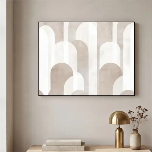 Abstracte bogen - Modern - Beige Textielframe zwart klein -sfeer2