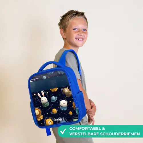 Dieren - Astronaut - Planeten - Sterren Kinderrugzak - Blauw middel -sfeer3_NL