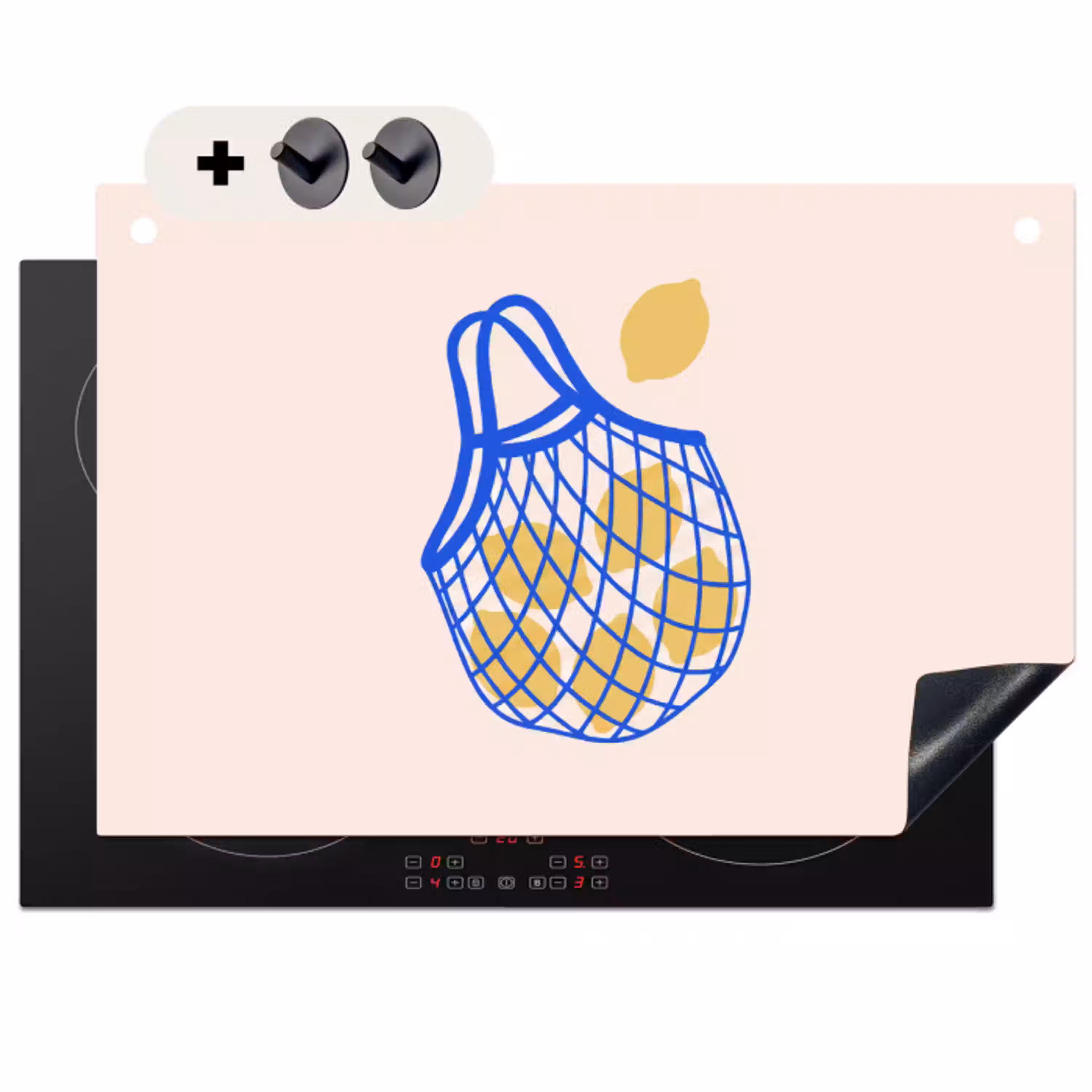 Eten - Citroen - Boodschappen - Abstract - Geel - Blauw Inductie beschemer met haakjes klein -3d