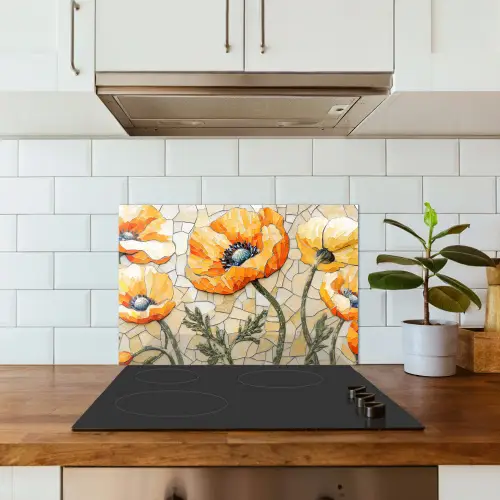 Klaprozen - Oranje - Mozaïek - Bladeren keuken achterwand spatscherm klein -sfeer2