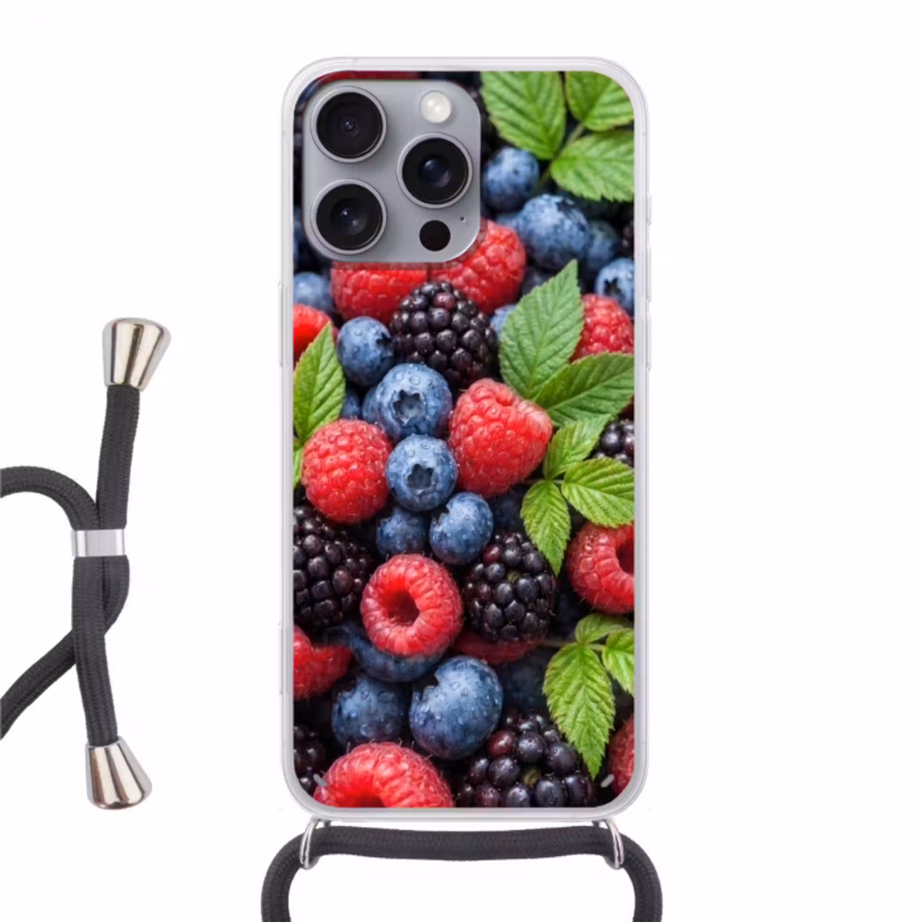 Bessen - Vers - Waterdruppels - Kleurrijk - Eten Hoesje iPhone 16 Pro Max met koord klein -3d