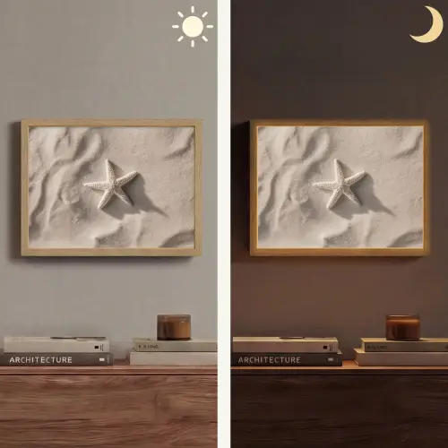 Strand - Zeester - Zand - Beige Light Box met batterij (Wandlamp) middel -sfeer3