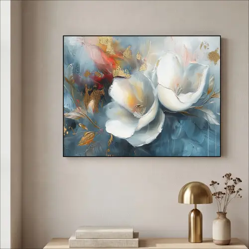 Bloemen - Wit - Goud - Kunst - Abstract Textielframe zwart klein -sfeer2