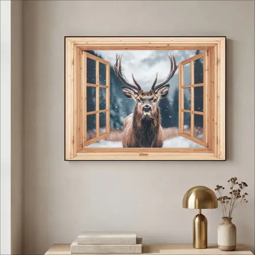 Doorkijk - Hert - Dieren - Winterlandschap - Sneeuw Textielframe - compleet frame klein -sfeer2