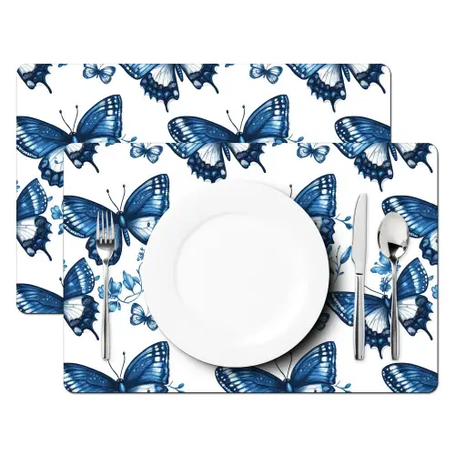 Blauw - Vlinders - Bloemen - Wit Placemat vinyl groot 368 -zzsfeer2_Kitchenyeah-website