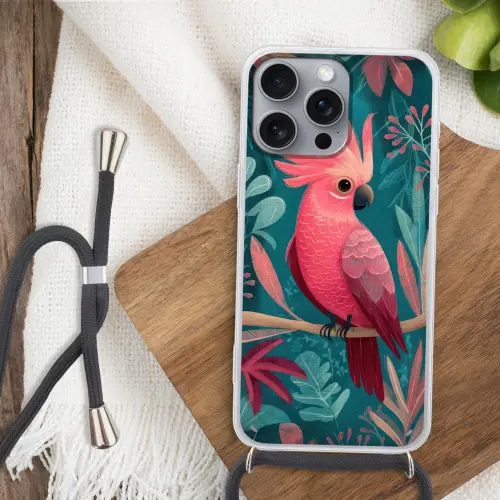 Kaketoe - Tropische bladeren - Tak Hoesje iPhone 16 Pro Max met koord klein -sfeer4