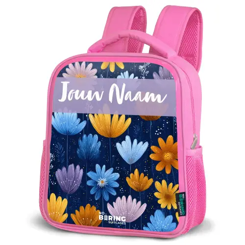 Bloemen - Patroon - Blauw Kinderrugzak - Roze middel -schuin