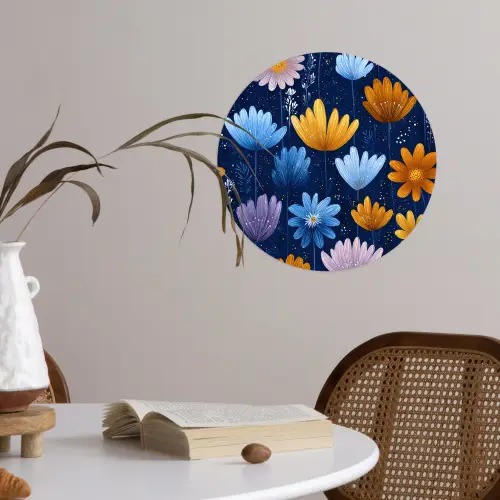 Bloemen - Patroon - Blauw - Contrast Wandcirkel behangsticker klein -sfeer3