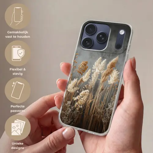Gedroogde Veldbloemen - Grijs - Beton Telefoonhoesje iPhone 17 Pro klein -sfeer3_NL