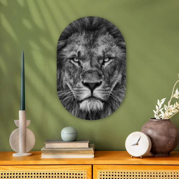 Dieren - Leeuw - Zwart - Wit - Portret Wandcirkel Ovaal Forex klein -sfeer2