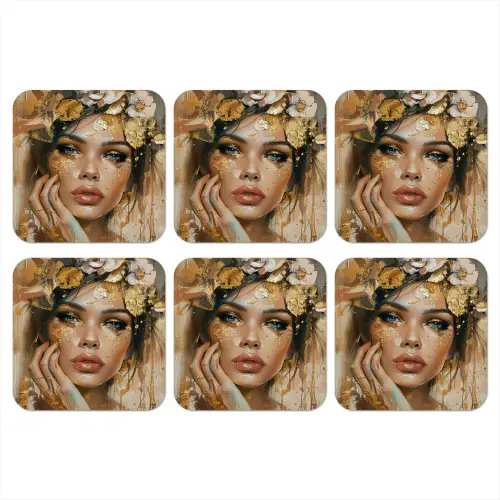 Vrouw - Bloemen  - Goud - Portret onderzetter kurk middel -3d