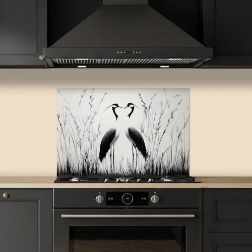 Kraanvogels - Gras - Hartvorm - Zwart keuken achterwand spatscherm klein -sfeer1
