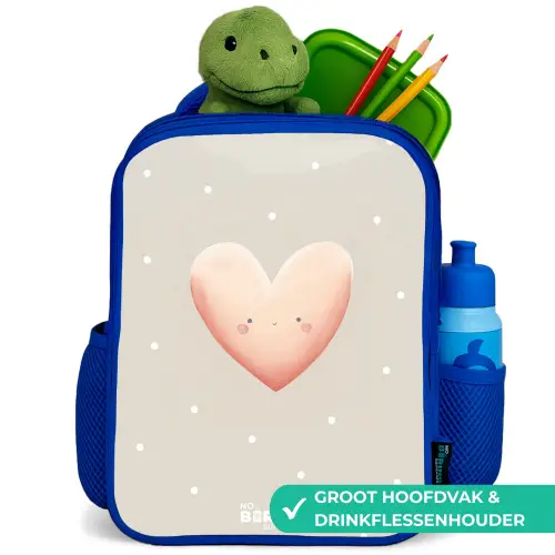 Roze hart omringd door beige stippen Kinderrugzak - Blauw middel -inhoud_NL