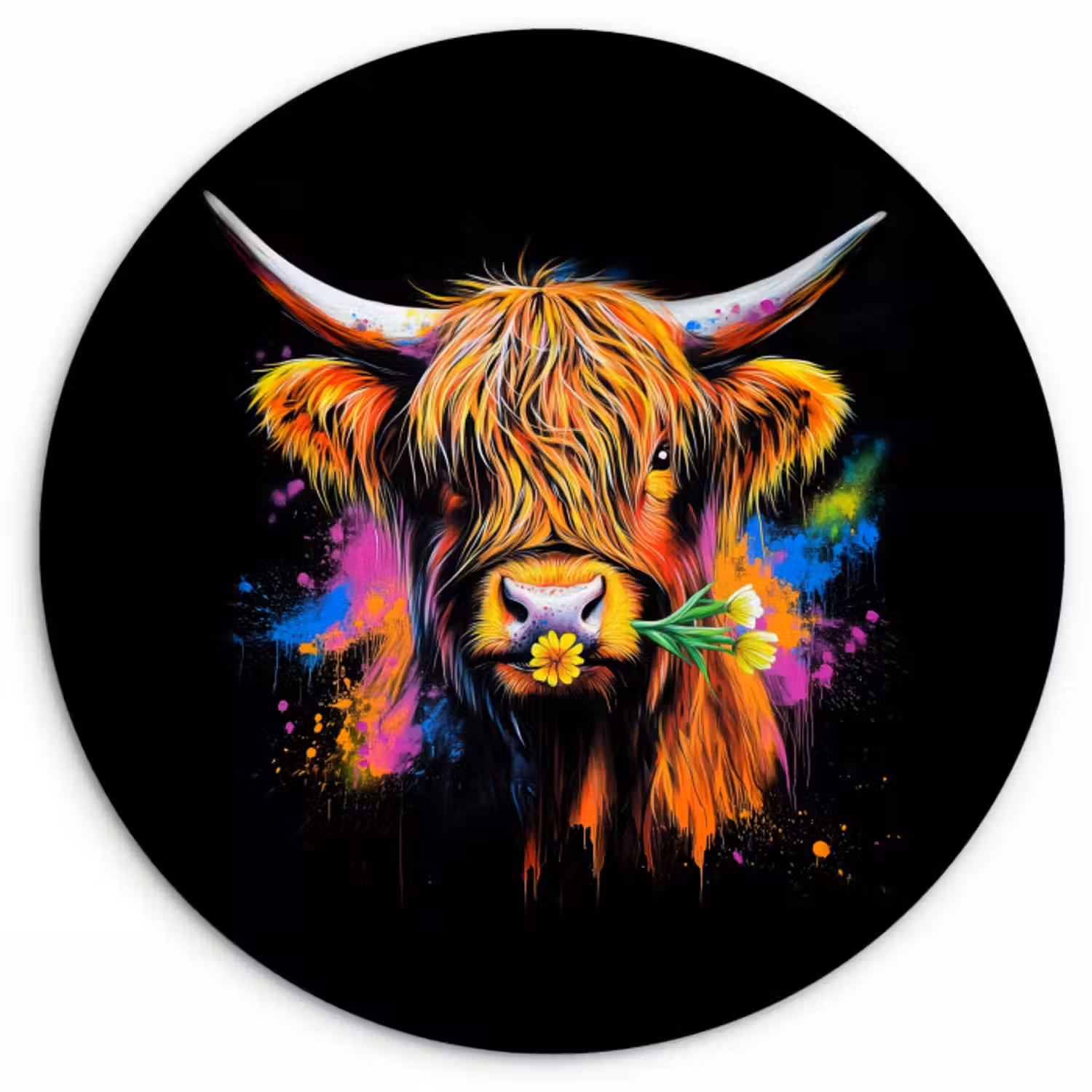Muurcirkel glas - Schotse Hooglander - Graffiti - Kleurrijk - Bloem - Dieren