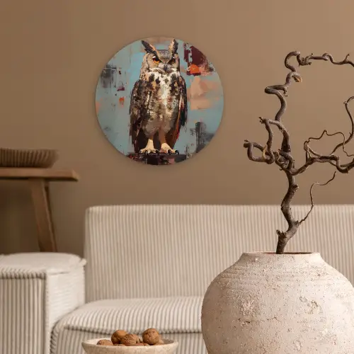 Geschilderd - Abstract - Uil - Bruin Wandcirkel kunststof plaat 5mm dik klein -sfeer1