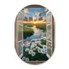 Doorkijk - Landschap - Raam - Water - Zonsondergang Wandcirkel Ovaal Glas middel -3d