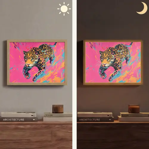 Luipaard - Roze - Oranje - Blauw - Verf Light Box met batterij (Wandlamp) middel -sfeer3